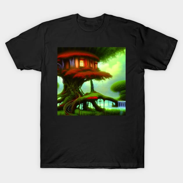 Tree House Portrait in Red Color, Greenery Outside, Landscape Painting T-Shirt by Promen Art